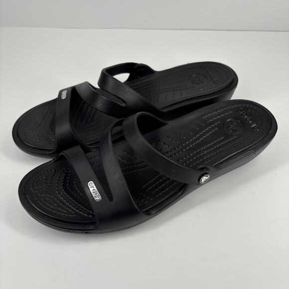 Crocs Patricia Women's US 10 Black Strappy Wedge Beach Sandals Comfort Casual - Picture 1 of 16